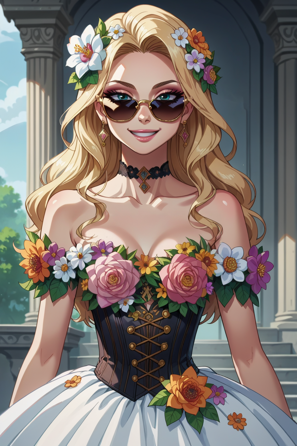 score_9, score_8_up, score_7_up, score_6_up, score_5_up, score_4_up, BREAK source_anime,anime screencap,rating_explicit,1girl,solo,anime screencap,smile,
edgPetal, a woman wearing a dress made of flower petals ,wearing edgPetal,corset
 <lora:edgPetalDressPonyv1:0.8>
 <lora:edgNadiaPony:0.7> nadia, sunglasses, choker,