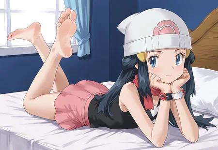 safe_pos, 1girl, solo, pokemondawn, <lora:pokemon-dawn-anime-ponyxl-lora-nochekaiser:1>, pokemon dawn, black hair, blue eyes, sidelocks, long hair, bare shoulders, beanie, black shirt, bracelet, hat, jewelry, kneehighs, miniskirt, pink skirt, red scarf, scarf, shirt, skirt, sleeveless, sleeveless shirt, white headwear, barefoot, soles, legs up, on stomach, h bed, head rest, looking back