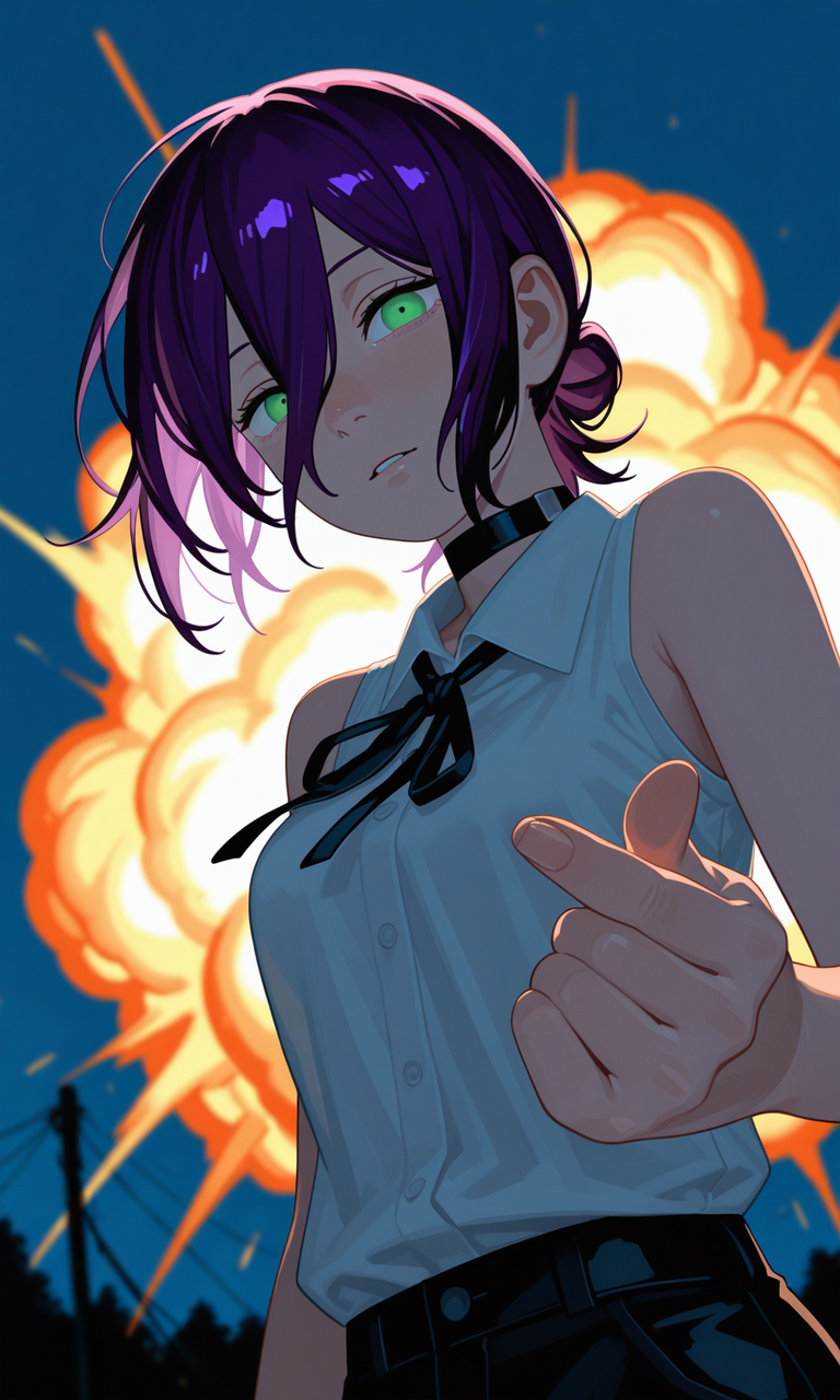 embedding:IllusP0s, sa1t, painterly, reze_\(chainsaw_man\), purple hair, green eyes, black choker, sleeveless, white shirt, black ribbon, black shorts, contrast lighting, outdoors, night, floating hair, explosion, blurry background, finger heart, low angle, fisheye, foreshortening,<lora:sait.safetensors:1.3:1.3>