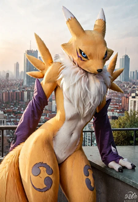 score_9, score_8_up, score_7_up, score_6_up, score_5_up, score_4_up, BREAK, solo, 1girl, renamon, anthro, furry, furry female, furry body, detailed fur, realistic fur, yellow fur, blue eyes, black sclera, flat chest, thin waist, slender waist, thick thighs, huge thighs, (tail:1.5), dipstick tail, mostly nude, purple bridal gauntlets, no nipples, featureless crotch, action pose, dynamic pose, sexy pose, arched back, bent over, bending over, city rooftop, photorealistic, hyperrealism, photography, real life