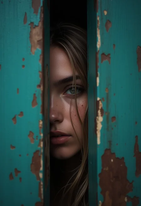 A striking and intimate portrait of a person partially obscured by a weathered, teal-colored wooden door. The individual has long, light brown hair that falls loosely around their shoulders. Their face is the focal point of the image, with one eye prominently visible as they peek through a gap in the door. The person's expression is neutral, with a hint of curiosity or contemplation. The lighting is soft and natural, highlighting the texture of the person's skin and the details of their features. The freckles on their face are clearly visible, adding to the realism and character of the image. The background is dark and out of focus, ensuring that the attention remains on the subject. The door itself is an interesting element, with its peeling paint and rough surface adding a sense of age and history to the scene. The contrast between the smoothness of the person's skin and the roughness of the door creates a compelling visual dynamic. Overall, this image captures a moment of quiet introspection, with the person's gaze and the textured elements of the door creating a powerful and engaging visual experience. The composition is simple yet effective, drawing the viewer into the scene and inviting them to imagine the story behind the image
