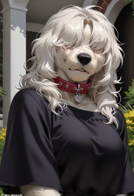 score_9, score_8_up, score_7_up, (by jailbird:1.5), (by kittydee:1.5), (by zummeng:1.5), masterpiece, best quality,   (Furry Art : Anthro : Old English Sheepdog :1.5), expressive eyes, feminine eyes, <lora:beautiful_detailed_eyes:1>, perfect face, feminine face, feminine body, long fluffy fur, two-toned fur, white fur, grey fur, grey droopy dog ears, (white hair:1), shoulder length hair, (shaggy hair), (shaggy hair bangs:1),(hair bangs over eyes:1.5), large breasts, red dog collar, (casual wear dress:1.5),
