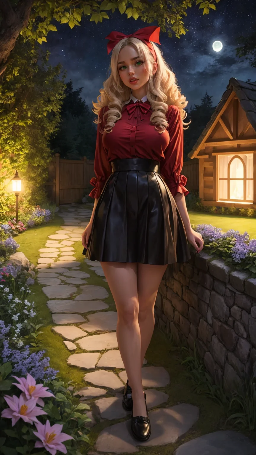 (bimbostyle:0.9)
A magical 3D rendered scene featuring a woman with blonde curls and a large red bow, wearing a red shirt and green skirt, lying on the grass with her hands behind her head, gazing at the starry sky. Behind her is a quaint stone cottage, illuminated by a warm, inviting light, with a full moon and starry sky above. The cottage is surrounded by a garden of colorful flowers and lush greenery, with a stone path leading up to it. The scene is lit by soft moonlight, casting gentle shadows and enhancing the realistic textures of her clothing and the surroundings. The composition captures a peaceful and enchanting atmosphere, with detailed textures, sophisticated lighting, and expressive character emotions.
<lora:add_detail:0.35> <lora:backlight_slider_v10:-1>