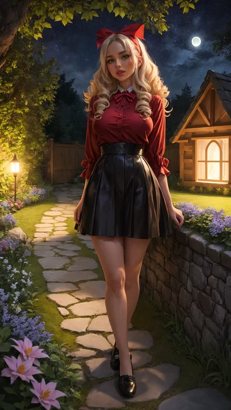 (bimbostyle:0.9)
A magical 3D rendered scene featuring a woman with blonde curls and a large red bow, wearing a red shirt and green skirt, lying on the grass with her hands behind her head, gazing at the starry sky. Behind her is a quaint stone cottage, illuminated by a warm, inviting light, with a full moon and starry sky above. The cottage is surrounded by a garden of colorful flowers and lush greenery, with a stone path leading up to it. The scene is lit by soft moonlight, casting gentle shadows and enhancing the realistic textures of her clothing and the surroundings. The composition captures a peaceful and enchanting atmosphere, with detailed textures, sophisticated lighting, and expressive character emotions.
 <lora:add_detail:0.35> <lora:backlight_slider_v10:-1>