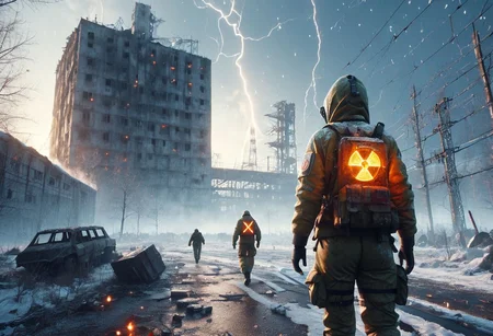 OPPENHEIMER, Scum game background, Chernobyl disaster, The nuclear power plant was destroyed after the explosion , Intercontinental ballistic missile Nuclear weapon, Russian alphabet, Apocalypse,girl, fire, glowing x, minimalist short outfit, anti social , escapade running, falling snow, cyberpunk ruined ancient city, intricate details,8k post production, faithful, Religious denomination, cinematic color