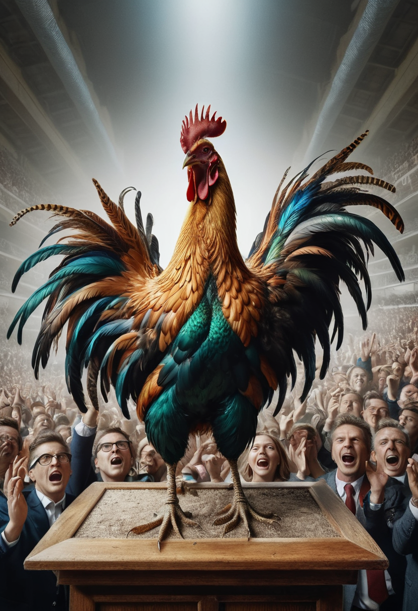 animal rooster speaks from the podium, (primaries:1.5), screaming, wings, paws, open mouth, crowded, (wide angle:1.5), (applause, spectators:1.8), ral-feathercoat, ultra detailed, High detailed RAW color Photo, 8k  <lora:ral-feathercoat:1>