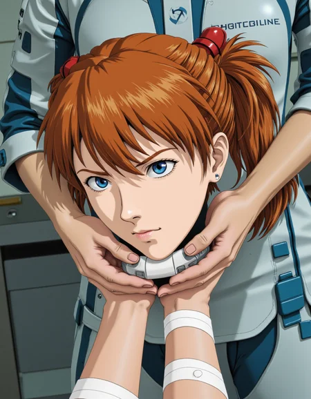 This image is a highly detailed <lora:real-lora:1.2> (ultrarealistic:1.2) pov digital illustration of <lora:Asuka_Langley_flux_prototype_v2:.9> ppasuka bodiless disembodied head from above.  <lora:headonly-flux:1> (h3adonly:1) she is wearing an interface headset. she has blue eyes. her hair is red-orange in two side up. She is being held in the viewer's hands in a medical lab with  a bandage wrapped around the bottom of her neck. She has a pouty expression