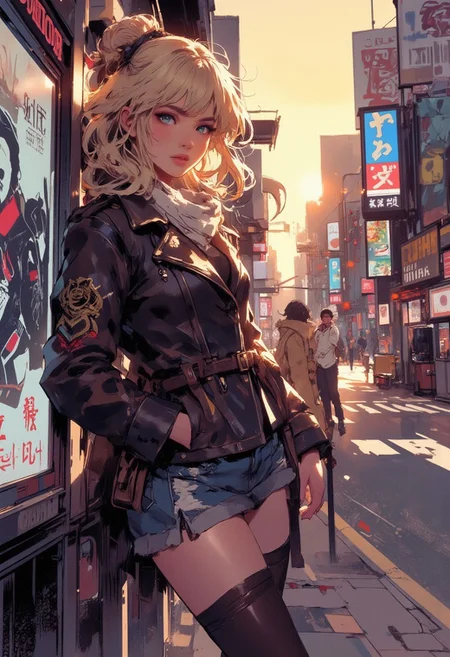 Mh1$AgThS2, intricate linework with expressive contrasts, soft lighting with dynamic highlights, Japanese blonde woman in a leather jacket, denim skirt, black thigh-high stockings, leaning against a Tokyo advertising board on a city street, sunset. Impressionistic, ligne claire outlines for clarity and structure, In the style of ff-td