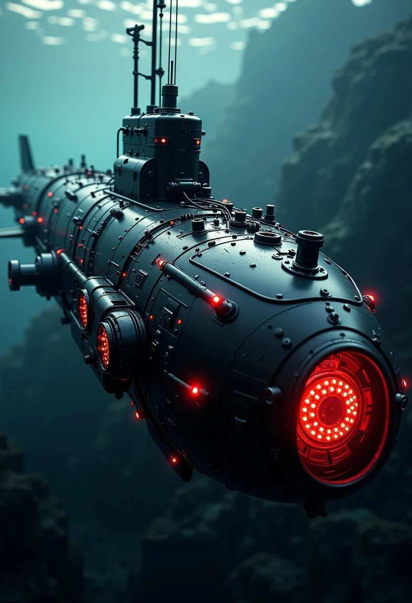 silhouette art, chiascuro, steampunk, a_skynet_cyberdyne_systems_craft, the image is featuring an armored steampunk submarine, adorned with intricate, metallic details, including bolts, wires, and mechanical components, giving it a highly advanced, industrial look, with glowing red diodes and LEDs, travelling at speed, near the bottom of the ocean, underwater, dark abstract background, viewed diagonally from the front, motion blur, directional lighting