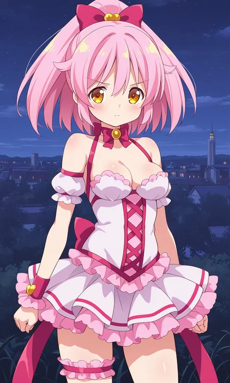 1girl, solo, mgyunishirakawa, magical girl, pink hair, high ponytail, hair flaps, hair bow, yellow eyes, choker, bowtie, brooch, frilled dress, medium breasts, cleavage, detached sleeves, bare shoulders, puffy short sleeves, bracer, frilled wrist cuffs, back ribbon, bridal garter, cowboy shot, serious, outdoors, cityscape, night,