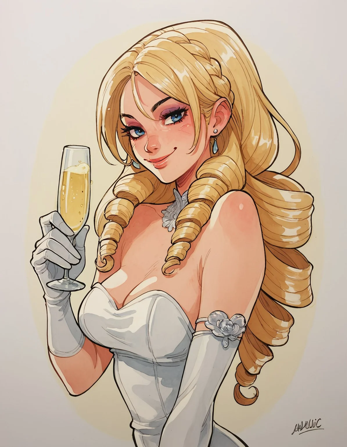 score_9, score_8_up, score_7_up, score_6_up, abarbucci-dh BREAK, 1girl, solo, long hair, breasts, looking at viewer, smile, blonde hair, gloves, dress, holding, bare shoulders, jewelry, medium breasts, braid, earrings, elbow gloves, white gloves, white dress, cup, makeup, traditional media, drill hair, holding cup, alcohol, drinking glass,champagne flute, champagne <lora:Artist_Style_-_Alessandro_Barbucci_Ekho_Sky_Doll_PDXL:1> <lora:add-detail-xl:0.5>