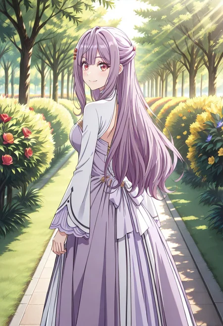 score_9, score_8_up, score_7_up, dynamic view, looking_at_viewer, 1girl,
masterpiece, best quality, bokeh, luminescent background,
( mia adenauer,,
purple hair, long hair, hair between eyes, bangs, hair ornameny, hair flower, red eyes, medium brests,
, dress, two-tone dress, purple dress, white dress, sidelocks, long sleeves, white shoes,, )
solo, from behind, outdoors, garden, flower, red flower, blue flower, purple flower, yellow flower, looking back, smile,
