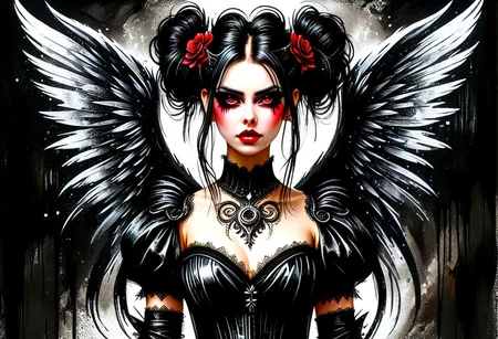dark macabre wet watercolor portrait of a Fantasy hyper detailed steampunk unique ultra Realistic boujie goth evil Demon angel in beautiful Black dress, big tattered angel wings on scapulas , dark goth make up, Black hair in messy updo bun with red highlights, big clear eyes, dark night, Glamour Shot, very close up(1.5) head and shoulders portrait, insanely detailed and intricate, hypermaximalist, elegant, ornate, hyper realistic, super detailed, glitter decadent detailed, centered in frame, 8k resolution, art by Anders Zorn | Marco Mazzoni | Yuri Ivanovich, Todd McFarlane, Aleksi Briclot, oil on canvas