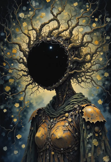 Studio Ghibli Dark Fairytale, intricate cyborg, Portrait of a female robotic entity with long, flowing hair made of twisted, gnarled branches, black hollow eerie head, no face, dark moody, eerie forest background, autumnal decay, golden leaves floating in the air,  
gothic steampunk influences, organic-mechanical fusion, glowing runes embedded in her wooden frame, delicate but unsettling presence, oil painting textures, cinematic lighting, deep shadows, warm but melancholic glow, mystery and sorrow intertwined