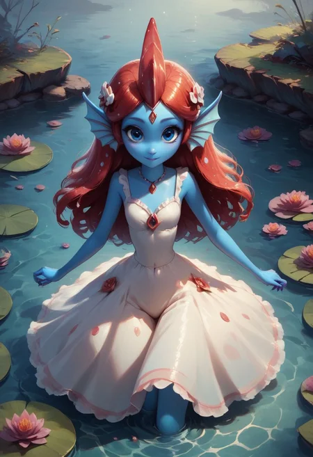 score_9, score_8_up, score_7_up, 1girl, water elemental, water sylph, cute, adorable, water hair, water sundress, standing in water, blue eyes like deep pools of water, looking at viewer, pond, river, flowing water, monster girl, water flowing on skin, swirls of water, blue skin, fins