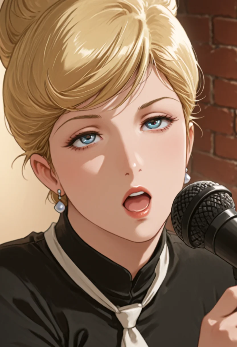 IllusP0s.masterpiece, best quality, amazing quality, very aesthetic, absurdres, newest, (detailed eyes:1.4),((ultra detailed hair:1.4)),((Dynamic Angle))
BREAK
1girl, solo, 24 years old, Cr0wley,h4m0n, Blonde hair, single hair bun, Mature Woman,<lora:Crowley_Hamon_-_GUNDAM_THE_ORIGIN_-_100percent_-_Manga:1>, ((black S_ Dress)), short sleeves, white Blue Line necktie, earrings, jewelry, ((dull cloth)),((matte cloth))
BREAK
music bar, Stand microphone, singing ,Brick wall, Jazz singer,
Glamorous eyes, ((face close up:1.4)), eyes, Hold microphone, facing up