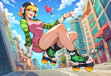 score_9, score_8_up, score_7_up, score_6_up, 1girl, solo, elegant sexy pose,
slutty, sexy, excellent hair, kind smile,
gum_jsr, roller skates, blonde hair, pink dress, short hair, striped sleeves,hearts flying around her head,
Medium breasts,
red lips,
excellent eyes, excellent face, excellent figure, excellent proportions, excellent hair, full body view, city buildings on behind,