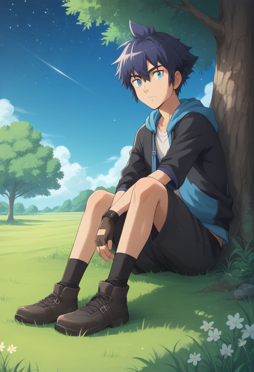 score_9, score_8_up, score_7_up, source_anime, highly detailed, 1boy, solo, male_focused, skinny, slender, 
1boy, male focus, solo, gloves, blue eyes, outdoors, fingerless gloves, day, tree, sky
night, dark, stars, watching the sky, sit, grass,