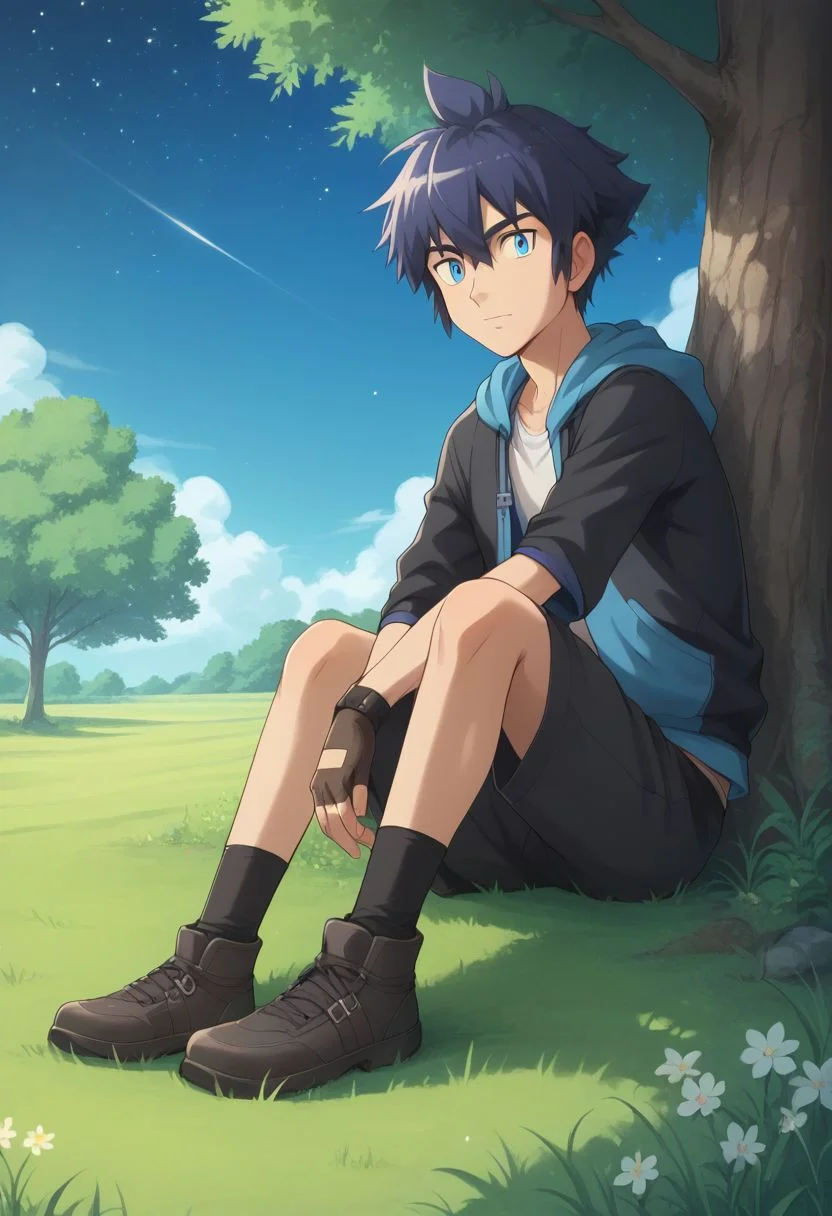 score_9, score_8_up, score_7_up, source_anime, highly detailed, 1boy, solo, male_focused, skinny, slender,
1boy, male focus, solo, gloves, blue eyes, outdoors, fingerless gloves, day, tree, sky
night, dark, stars, watching the sky, sit, grass,