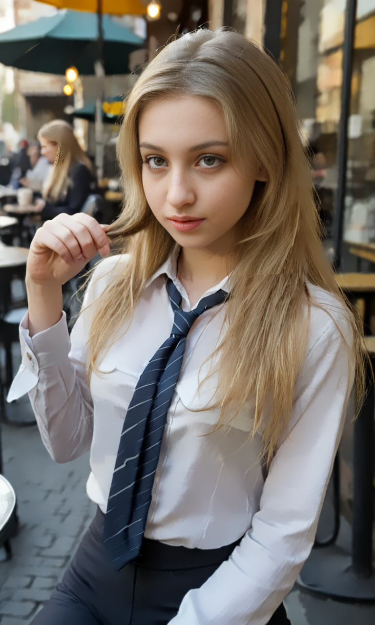 front view, upper body view, mkpotail, slim girl sitting in a street cafe, white blouse and tie , long blonde hair <lora:MakePonytail:1.4>