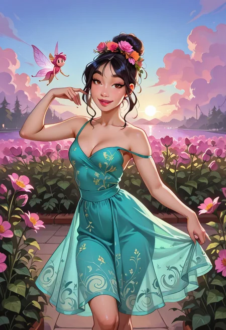 MulanXLP, 1girl, solo, POH-Illu, flowers, dark brown eyes, black hair, hair flowers, hair ornament,
fae, fairy, playful, sexy, teasing, dancing, in a garden, sunshine, puffy clouds, hazy sunshine,
slender,
intricate sundress, festival dress,
slender hips, tiny waist,
strap slip, cleavage, small breasts,
masterpiece, best quality, newest, absurdres, highres, very awa