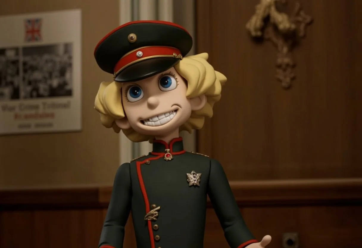 score_9,rating_safe,(claymation,made of clay),claymation animation of a smiling and innocent looking TanyaDegurechaff with blonde hair and blue eyes and a tunic and military hat being tried for war crimes in a court,big sign with the words "War Crime Tribunal" on the wall