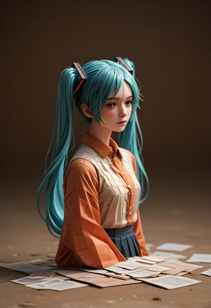 PonyXLV6_Scores BREAK endposit_notesmorph, a cinematic photographic depiction of a paper sculpture of Hatsune Miku made out of paper post it notes, paper sticky notes, made from 3m post it notes, post it notes, paper texture
