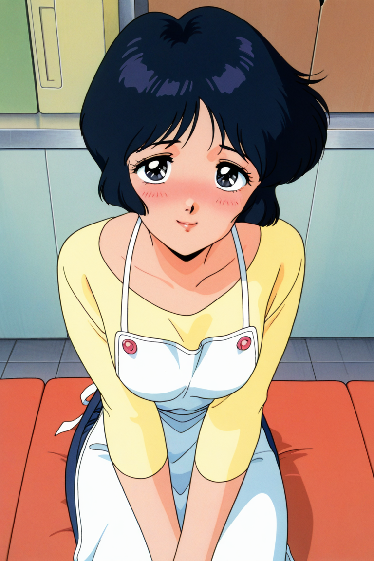 masterpiece, best quality, source_anime,official art,perfect_anatomy,1990s_\(style\),retro_artstyle,1female,mm,Momoko Hanazono,black_eyes,black_hair,short_hair,yellow_shirt,white_apron,looking at viewer,shy,blush,smile,lips,sitting,from above,indoors,livingroom