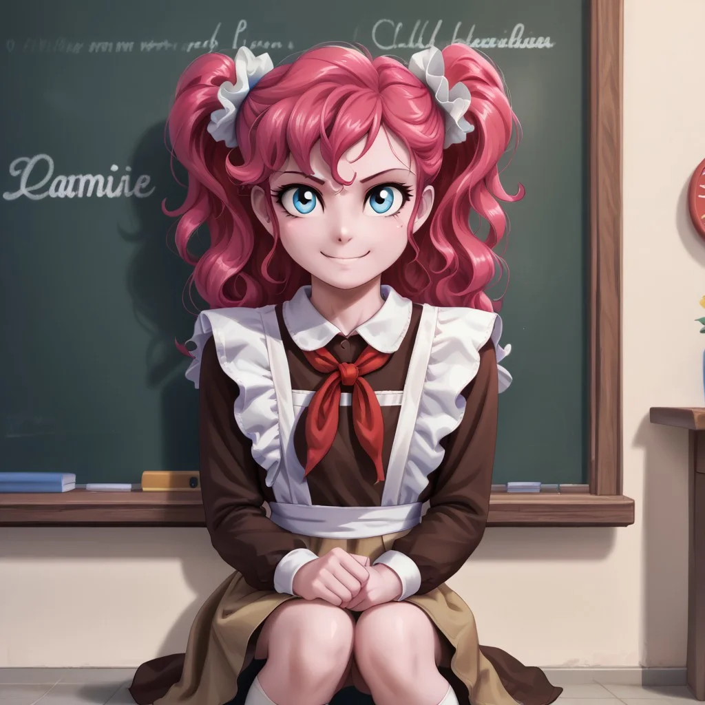 score_9, score_8_up, score_7_up, score_6_up, score_5_up, score_4_up, score_3_up, score_2_up, score_1_up, g4, solo, my little pony, human, equestria girls, female, pinkie pie, Soviet schoolgirl uniform, frilled apron, frilled hair scrunchie, red neckerchief, twintails, sit, on knees, school blackboard, smile, look at you, cute, glare, high res, detailed face,