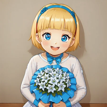 score_9, score_8, score_7, break, DSCStyle, round eyes, exaggerated proportions, cartoonish features, anime-inspired, cute aesthetics, cartoonish proportions, stylized anatomy. break, lillian_h, 1girl, blonde hair, short hair, hairband, blue eyes, blunt bangs, wedding dress, looking at viewer, open smile, bouquet