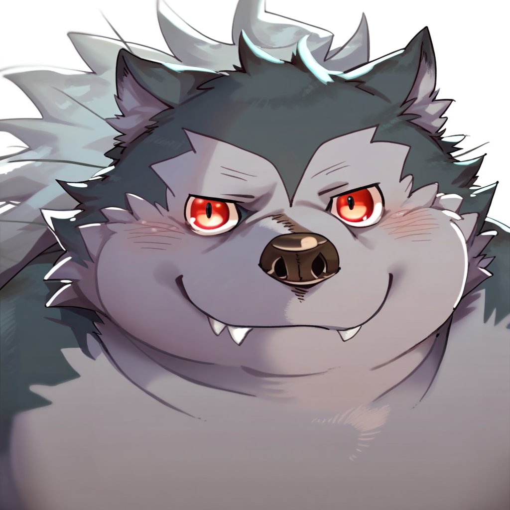 score_9, score_8_up, score_7_up, furry, wolf, grey fur, red eyes, fangs, Nikiciy style, by Nikiciy, 2d, overweight male, obese, fat, solo, upper body focus, face close up, arms behind back, smile, blush, looking at viewer, white background