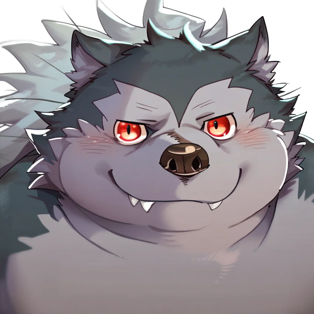 score_9, score_8_up, score_7_up, furry, wolf, grey fur, red eyes, fangs, Nikiciy style, by Nikiciy, 2d, overweight male, obese, fat, solo, upper body focus, face close up, arms behind back, smile, blush, looking at viewer, white background