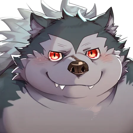 score_9, score_8_up, score_7_up, furry, wolf, grey fur, red eyes, fangs, Nikiciy style, by Nikiciy, 2d, overweight male, obese, fat, solo, upper body focus, face close up, arms behind back, smile, blush, looking at viewer, white background