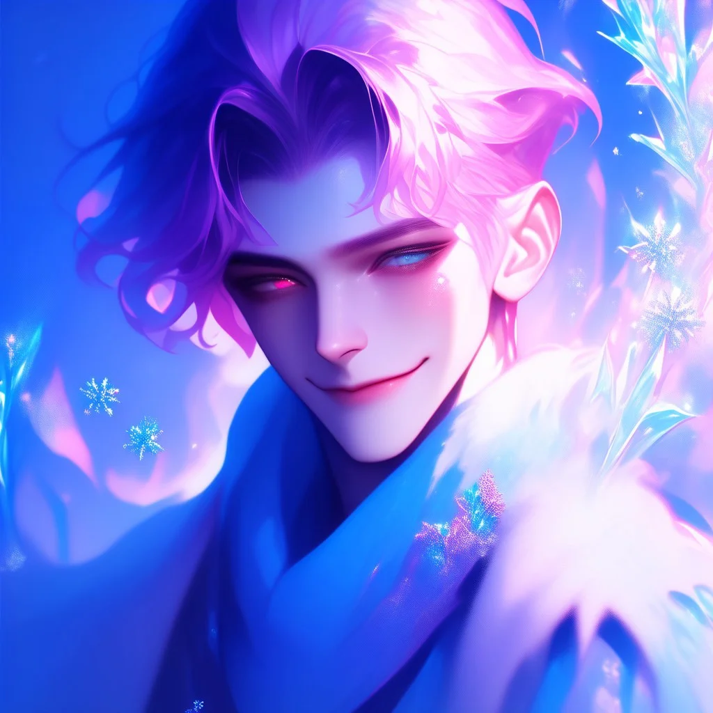 (((beautiful, high quality))), score_9, score_8_up, score_7_up, solo, masterpiece, best quality, (male child),1boy, young boy,(skinny), child, short hair in the back, long in the front, straight hair, pale pink hair, heterochromia (one grey eye, one blue eye), fantasy clothing, nobility, sad eyes, kind smile, winter background, magic, snowflakes, frost, ice gems, icicles, floating sparkle