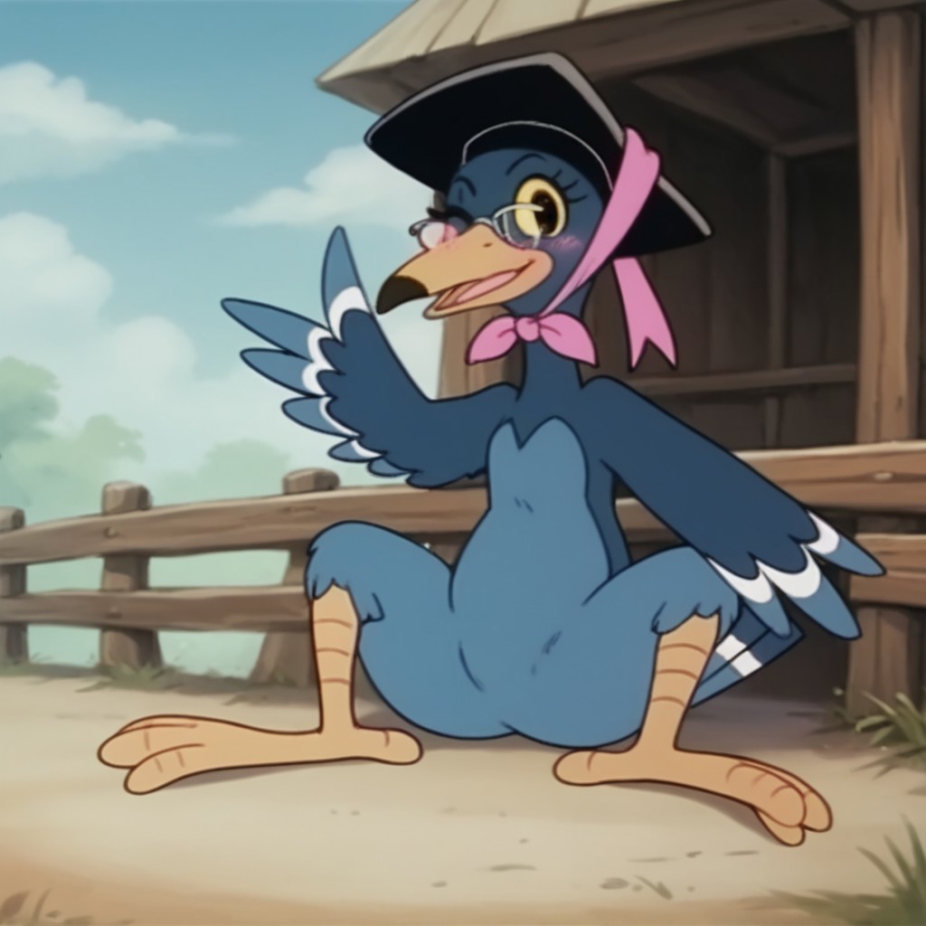 score_9, score_8_up, score_7_up, score_6_up, score_5_up, score_4_up, source_furry, Magpiebbv2, semi-anthro, female, bird, blue feathers, yellow beak, hat, glasses, black eyes, yellow sclera, sitting, wing between legs, spread legs, wink, blush, full body,