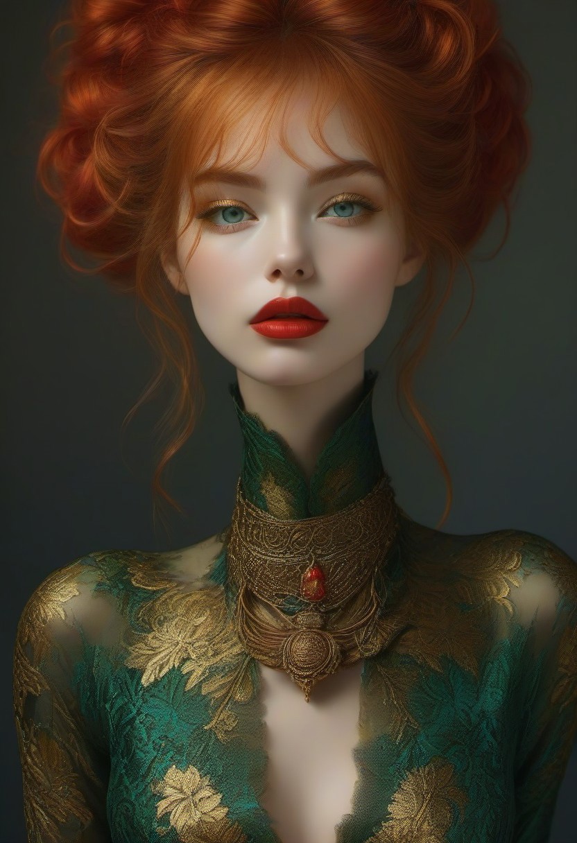 bellissima, 30 years old female as goddess of fire (slender, athletic), skin tight Green-red intricate brocade gown with a deep cleavage, golden bangles, a lot of loose golden anklets, (extreme intricate high heels), looking at viewer, open mouth, blue eyes, ginger long bun hair, teeth, lips, long black eyelashes, realistic, small nose, vibrant colors, erotic dynamic pose, full body view, RAW Photo, fashion magazine shot,