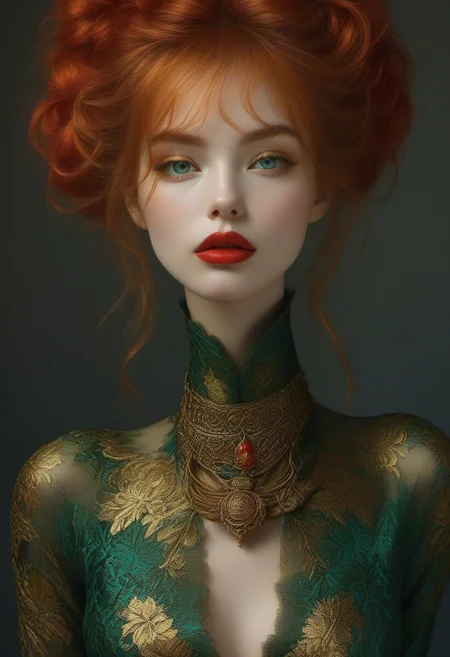 bellissima, 30 years old female as goddess of fire (slender, athletic), skin tight Green-red intricate brocade gown with a deep cleavage, golden bangles, a lot of loose golden anklets, (extreme intricate high heels), looking at viewer, open mouth, blue eyes, ginger long bun hair, teeth, lips, long black eyelashes, realistic, small nose, vibrant colors, erotic dynamic pose, full body view, RAW Photo, fashion magazine shot,