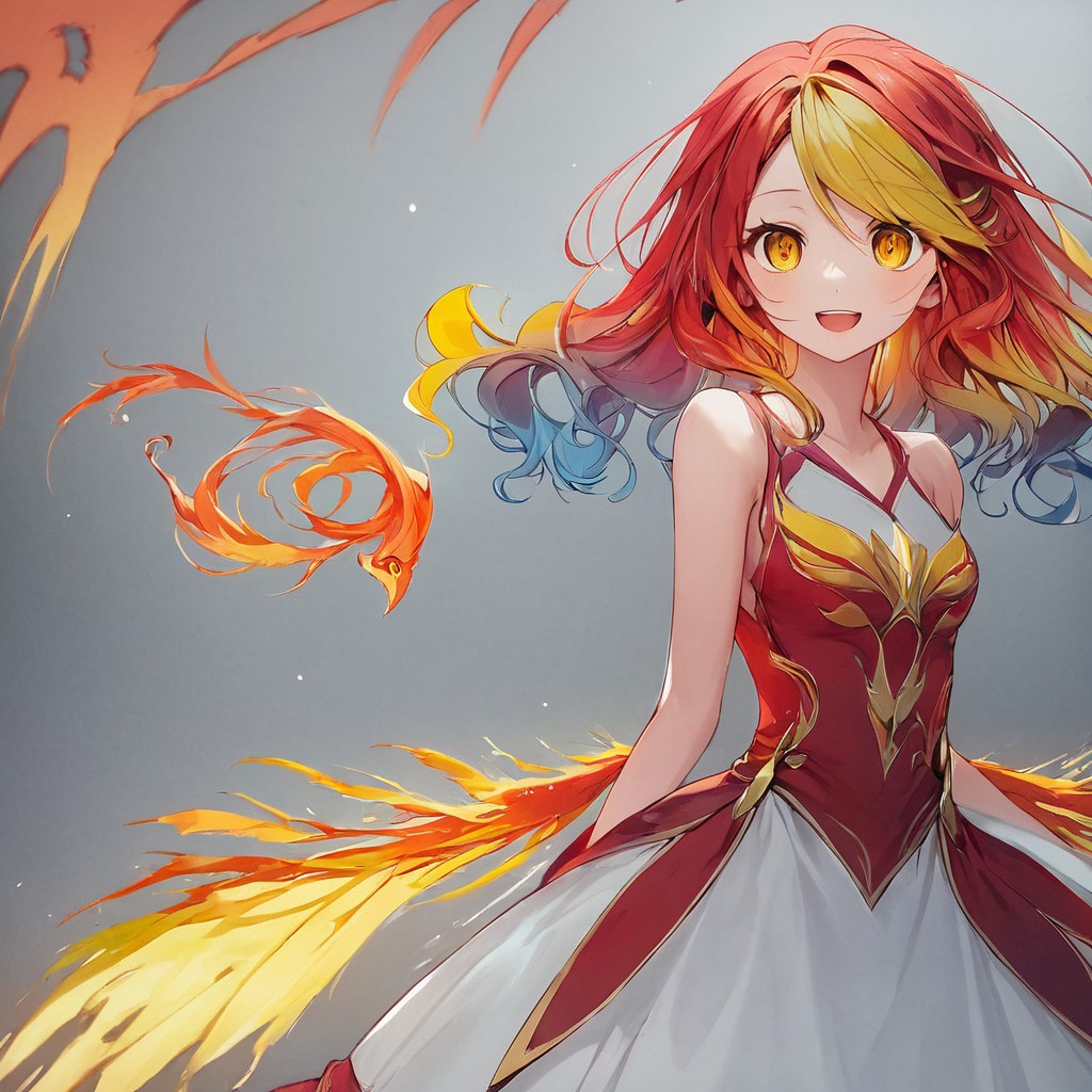 score_9,score_8_up,score_7_up,score_9,score_8_up,score_8,ultra detailed, beautiful face, highres, Expressiveh,
BREAK, 1girl, solo, kamiya yuu, no game no life, official art, 
gradient hair, multicolored hair, multicolored eyes,
(red hair:1.3), curly hair, yellow hair ends, yellow highlights, phoenix girl, red eyes, yellow eyes, gradient eyes, red dress, bare shoulders, straps, slight cleavage,
happy, looking at viewer, giddy, smile, open mouth,
jyojifuku, dress, phoenix dress, fire element, composed of fire elements,