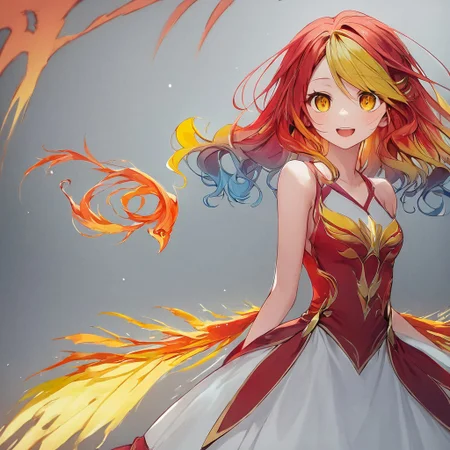 score_9,score_8_up,score_7_up,score_9,score_8_up,score_8,ultra detailed, beautiful face, highres, Expressiveh,
BREAK, 1girl, solo, kamiya yuu, no game no life, official art, 
gradient hair, multicolored hair, multicolored eyes,
(red hair:1.3), curly hair, yellow hair ends, yellow highlights, phoenix girl, red eyes, yellow eyes, gradient eyes, red dress, bare shoulders, straps, slight cleavage,
happy, looking at viewer, giddy, smile, open mouth,
jyojifuku, dress, phoenix dress, fire element, composed of fire elements,