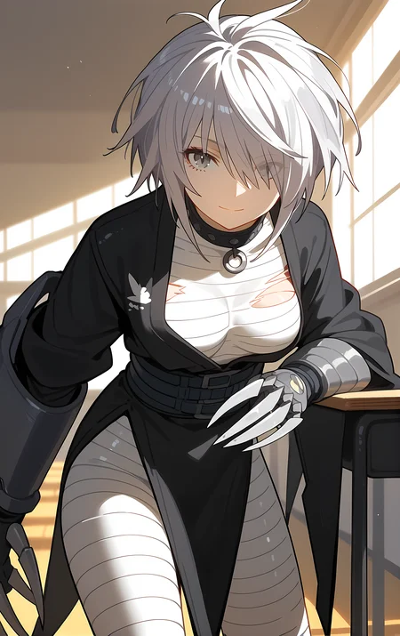 (score_9, score_8_up, score_7_up), standing, leaning forward, looking at viewer, light smile, closed mouth, shiny skin, tight clothes,
ohwx, 1girl, solo, solo_focus, breasts, medium_breasts, hair_over_one_eye, short_hair, white_hair, grey_hair, grey_eyes,
bandages, claw_\(weapon\), claws, torn_clothes, japanese_clothes, choker, sarashi, belt, scar, sash, boots, gauntlets, spikes, long_sleeves,
classroom, dusk,
cowboy shot, dutch angle, close-up,
<lora:haihane_pony_ss:1>