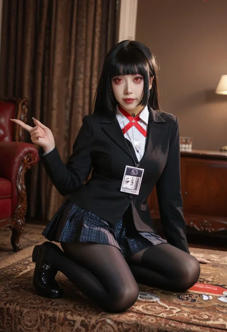 jabami yumeko, id card, red eyes,hime cut, black thighhighs,piercing, red choker, long sleeves, black footwear, pleated skirt, black pantyhose, earrings,