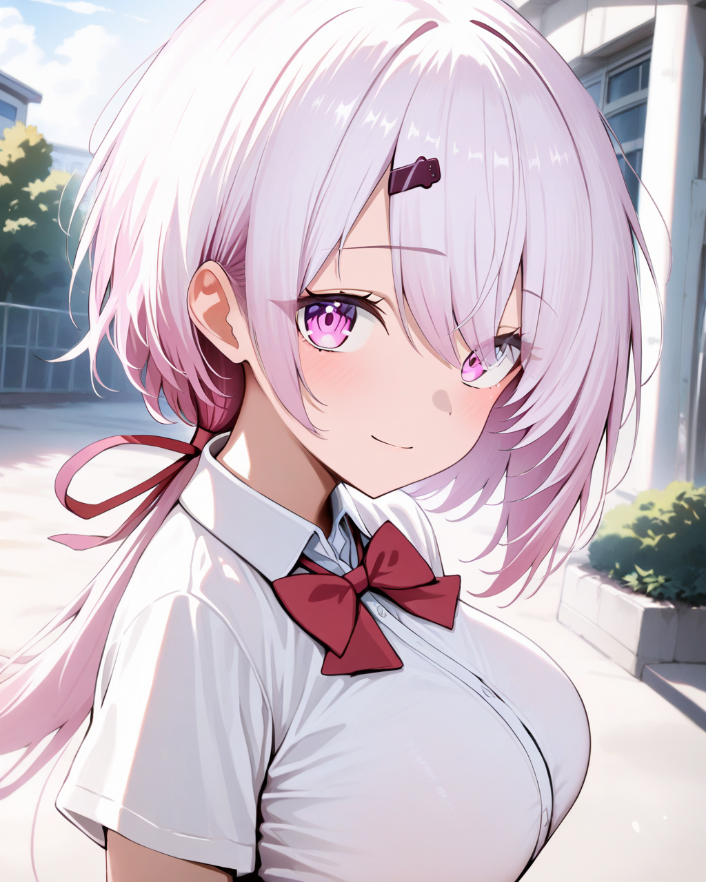 1girl,
ShiinaYuikaNijisanji,
solo, upper body, dutch angle, 
low ponytail, hair ribbon, hair ornament,
beautiful eyes, looking at viewer,
light smile,
walking,
short sleeves, red bowtie, collared shirt,
large breasts,
wind, outdoors, school,
depth of field,
<lora:kp_ShiinaYuikaNijisanji1stCostumeAnimagineXL_v1_1:1.0>,
masterpiece, high score, great score, absurdres