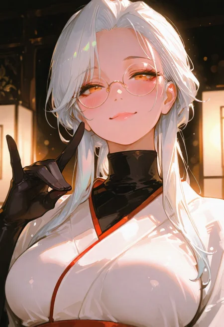 masterpiece, best quality, very awa, absurdres, best quality, hyper-realistic, ultra-HD, luminous lighting, cinematic ambiance, shimmering gradients, ethereal glow, deep contrast, rich color tones, seductive atmosphere, captivating sensuality, Cinematic Lighting, 
BREAK 
raytracing, volumetric lighting, ambient occlusion, Background, girl, 
BREAK
saihoutakenoue, large breasts, white kimono, high collar, round glasses, rimless glasses, black turtleneck, black gloves, elbow gloves, solo, cute expression, sexy lips, cute smile, blush, fox shadow puppet, looking at viewer, close up, portrait,
