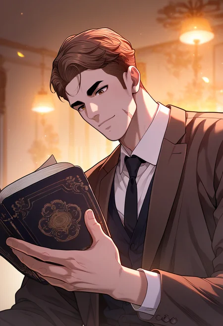 1boy, male focus,
<lora:Character - Questism - Yang Cheonhak:1> yangcheonhak, brown hair, brown eyes, scar on face
,((zPDXL)), score_9_up, score_8_up, score_7_up, score_6_up, score_5_up, score_4_up, best quality, amazing quality, best aesthetic, amazing aesthetic, absurdres, year2023, uncensored, very nsfw, official art, official style,
indoors, night, formal, suit, black necktie, white collared shirt, upper body, sitting, on couch, reading, book, light smile,
<lora:Style - Expressive_H-000001:1> expressiveh