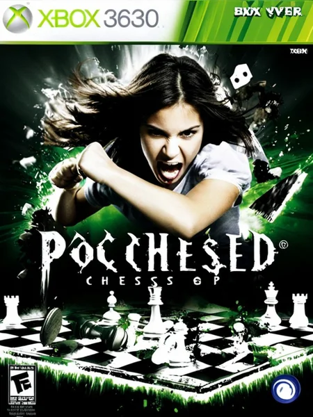 xb0xc0ver, xbox360 video game cover of a possessed girl smashing fist to a chessboard,pieces explode,poster, (text "POCHESSED")  <lora:Xbox360Cover4:0.9>