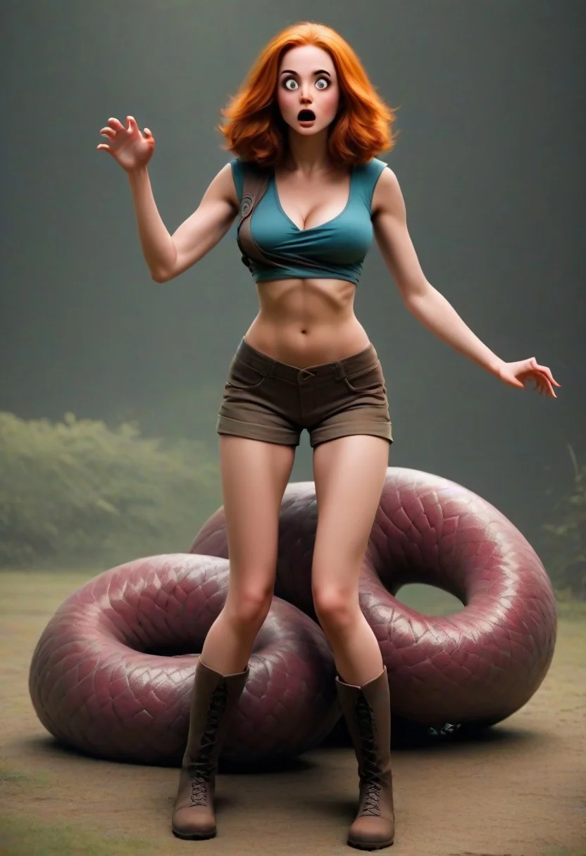 adventure girl, generous cleavage, sexy, ginger, Rubi (flat toned stomach), sexy khaki-shorts, croptop, one breast out. surprised look. in peril, sexy toned pelvis, huge monster-snakes coiling her body, long legs, thigh gap, knee-high hiking-boots,