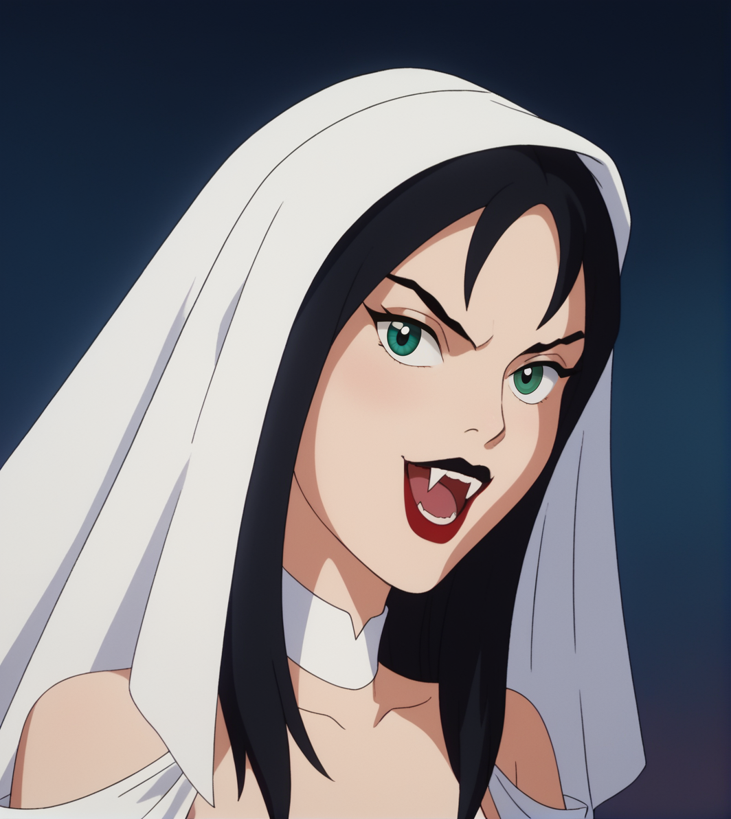 score_9,score_8_up, score_7_up,
hexthorn, 1girl, solo, close up, long black hair, green eyes, 
white dress with white draped sleeves, white choker, white veil, lipstick, 
open mouth, fangs, pointy teeth, vampire, 
retro_artstyle, cartoon, source_cartoon, lowres, 
<lora:Thorn_The_Hex_Girls:.9>