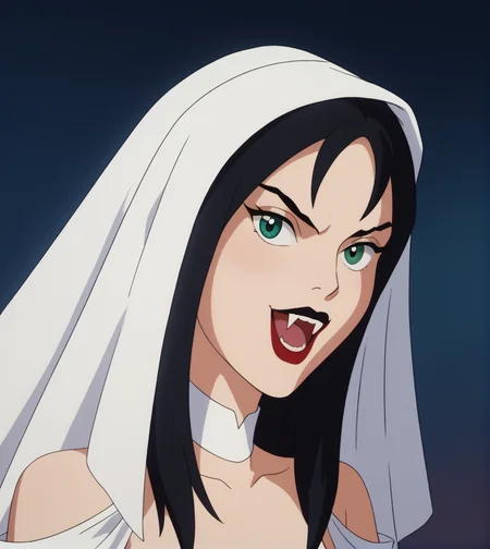 score_9,score_8_up, score_7_up,
hexthorn, 1girl, solo, close up, long black hair, green eyes,
white dress with white draped sleeves, white choker, white veil, lipstick,
open mouth, fangs, pointy teeth, vampire,
retro_artstyle, cartoon, source_cartoon, lowres,
<lora:Thorn_The_Hex_Girls:.9>
