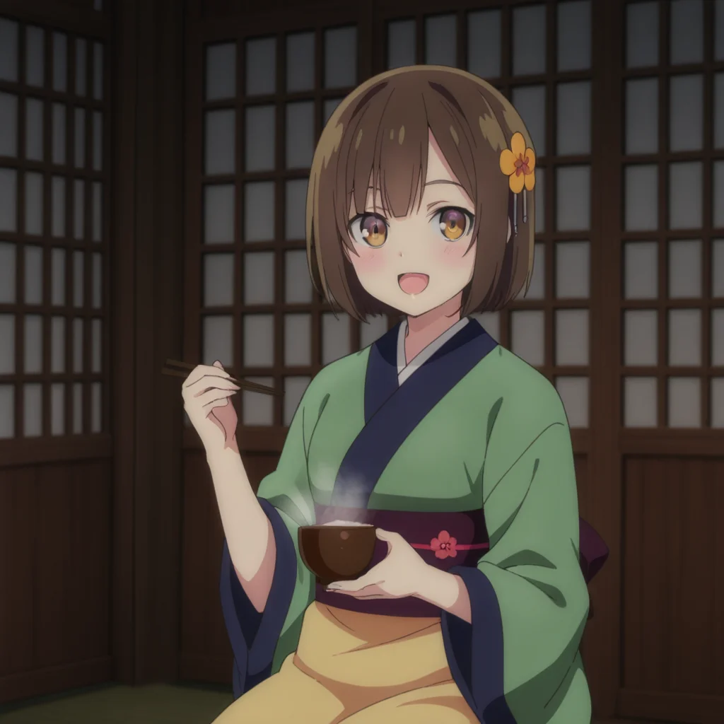 nsfw, masterpiece, best quality, 1girl, solo, seirei_gensouki_ruri, sitting, japanese clothes, sitting, kimono, green kimono, brown hair, short hair, holding, hair ornament, smile, bowl, open mouth, sash, blush, obi, looking at viewer, chopsticks,hair flower, bangs, food, :d, indoors, brown eyes, holding bowl, <lora:Ruri_-_Seirei_Gensouki:0.7>
