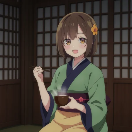 nsfw, masterpiece, best quality, 1girl, solo, seirei_gensouki_ruri, sitting, japanese clothes, sitting, kimono, green kimono, brown hair, short hair, holding, hair ornament, smile, bowl, open mouth, sash, blush, obi, looking at viewer, chopsticks,hair flower, bangs, food, :d, indoors, brown eyes, holding bowl, <lora:Ruri_-_Seirei_Gensouki:0.7>